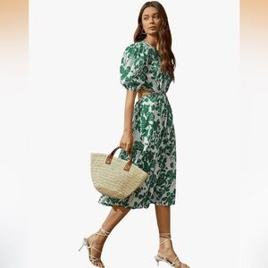 Green and White Puff Sleeve Dress